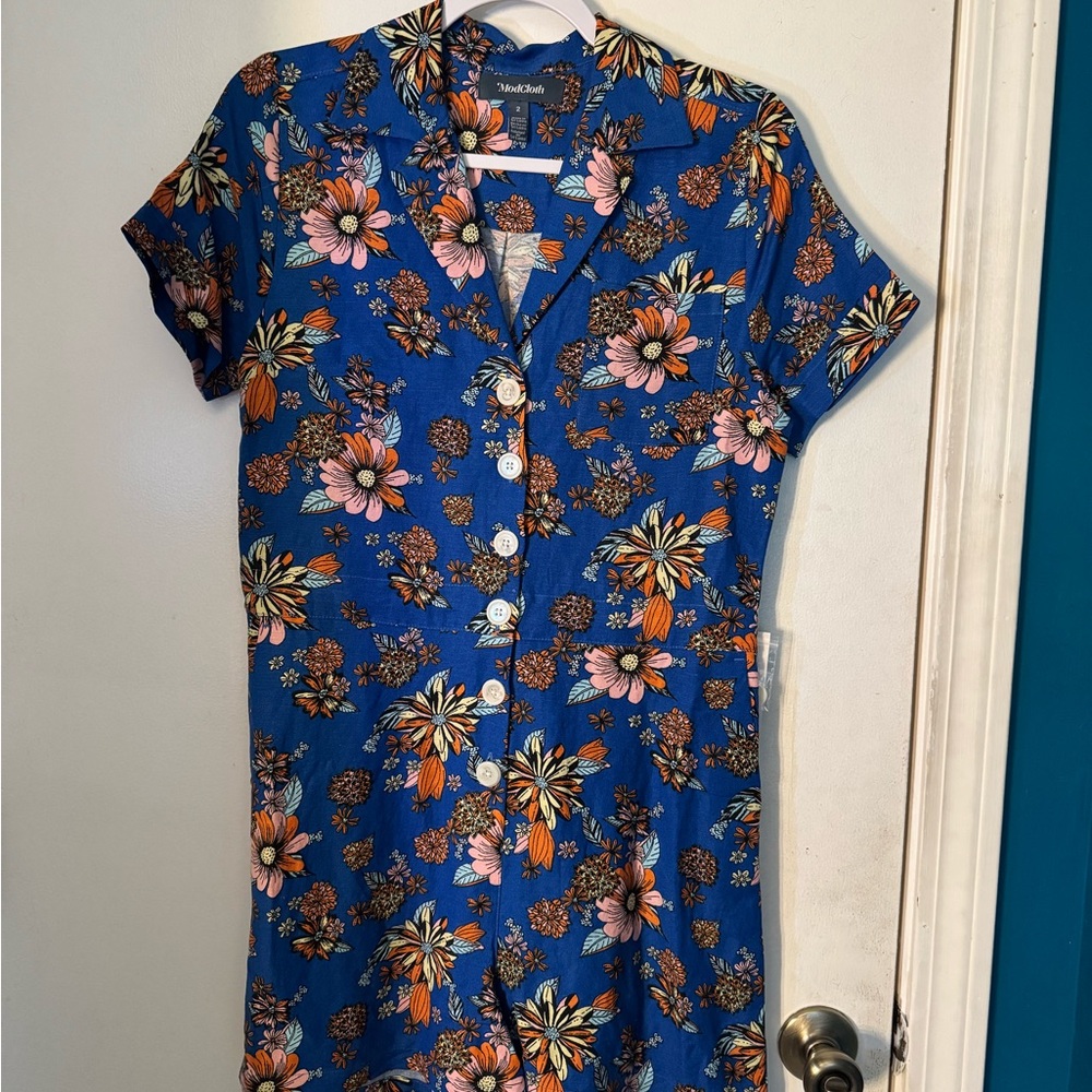 Modcloth NWT Blue, Orange, Pink Romper Short Sleeve with Notched Collar
